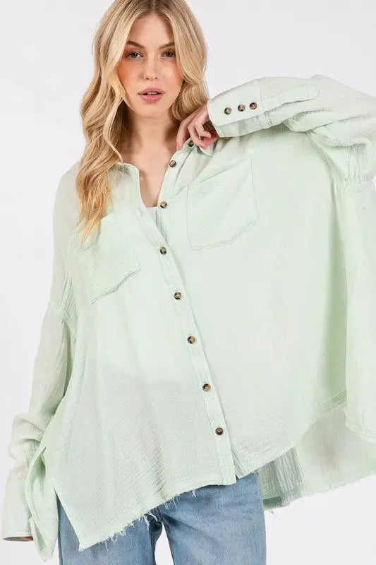 SAGE + FIG Frayed Hem Side Slit Button Down Shirt - Eclectage