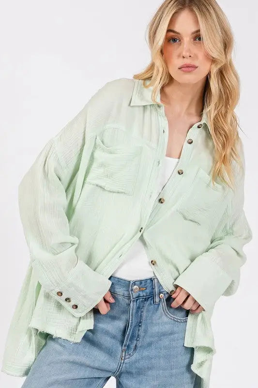 SAGE + FIG Frayed Hem Side Slit Button Down Shirt - Eclectage