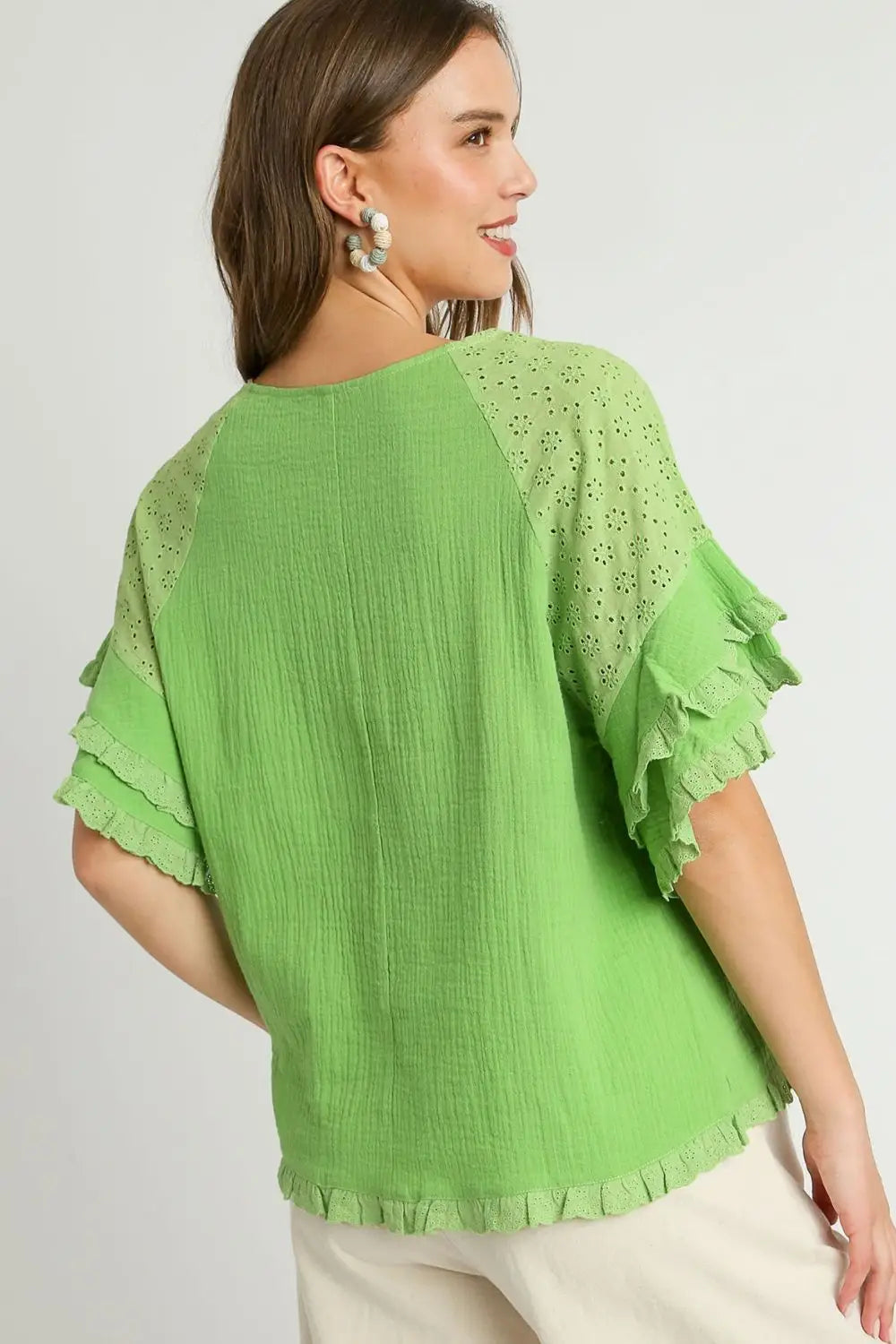 Umgee Full Size Cotton Gauze Round Neck Ruffle Eyelet Layered Sleeve Blouse Plus Size - Eclectage