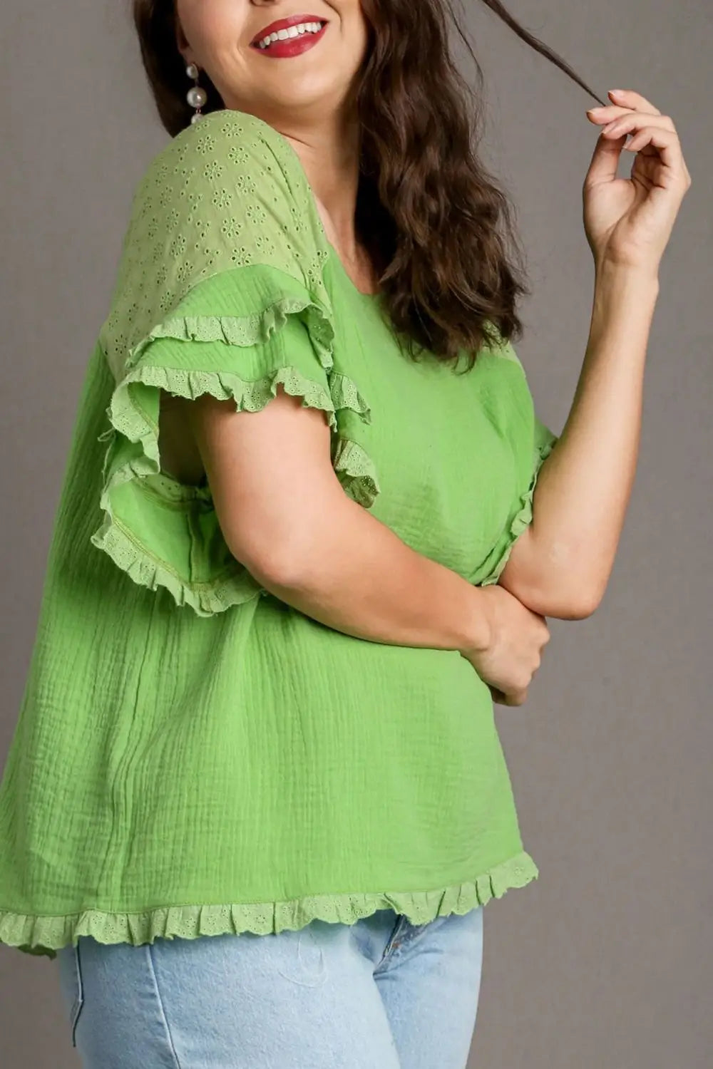 Umgee Full Size Cotton Gauze Round Neck Ruffle Eyelet Layered Sleeve Blouse Plus Size - Eclectage