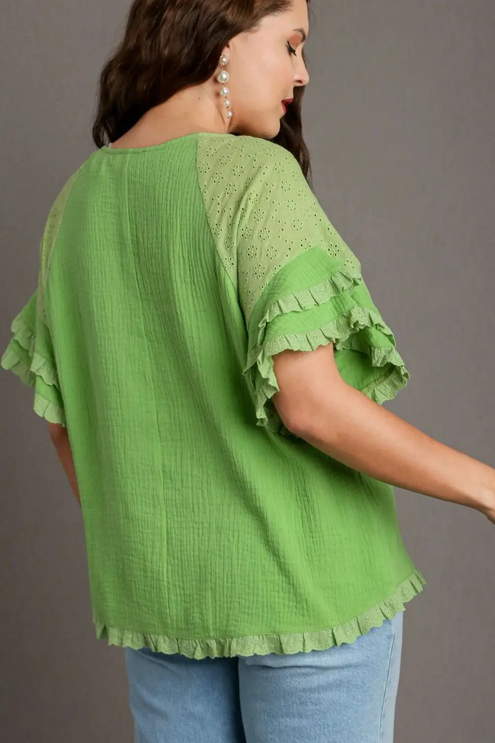 Umgee Full Size Cotton Gauze Round Neck Ruffle Eyelet Layered Sleeve Blouse Plus Size - Eclectage