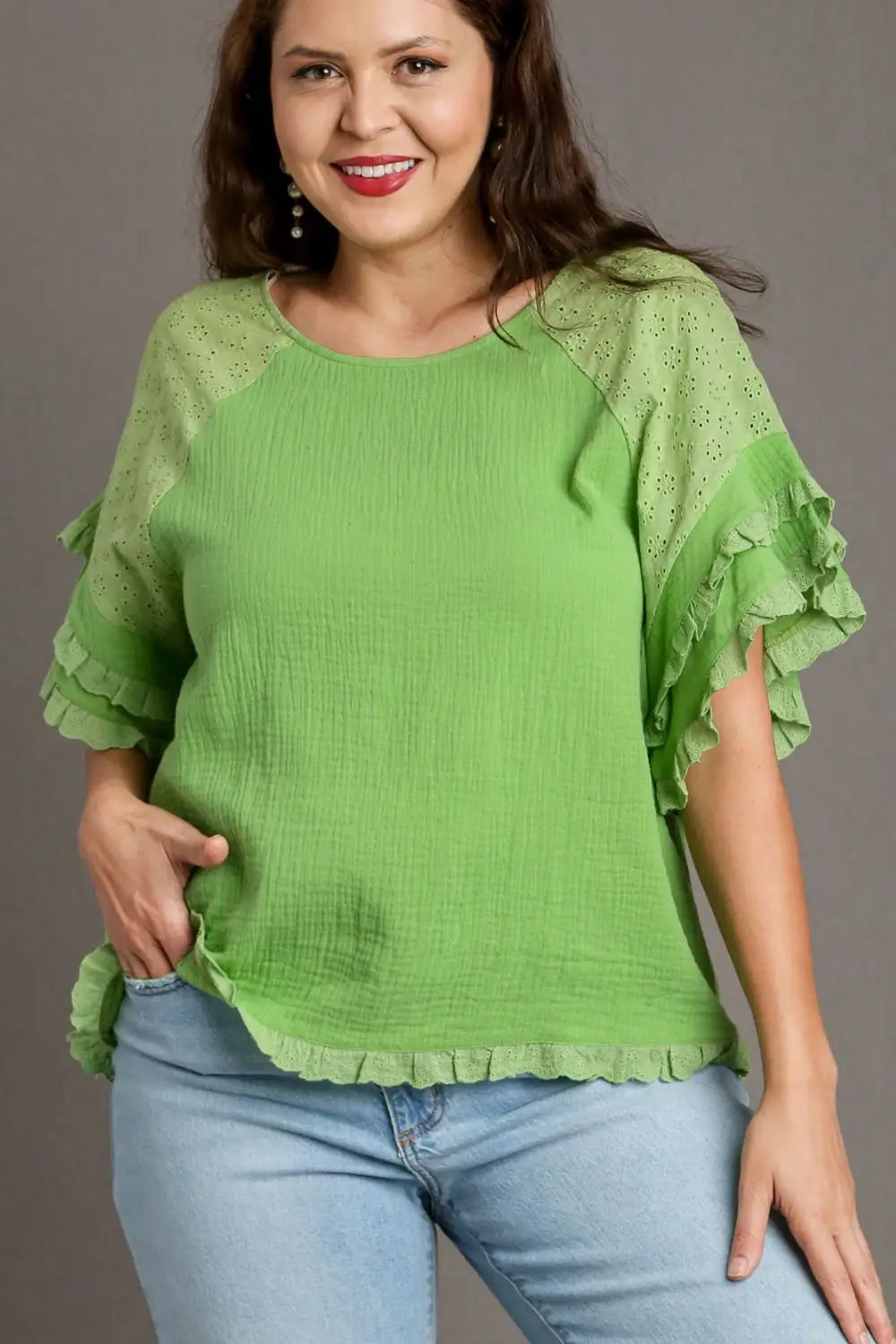 Umgee Full Size Cotton Gauze Round Neck Ruffle Eyelet Layered Sleeve Blouse Plus Size - Eclectage
