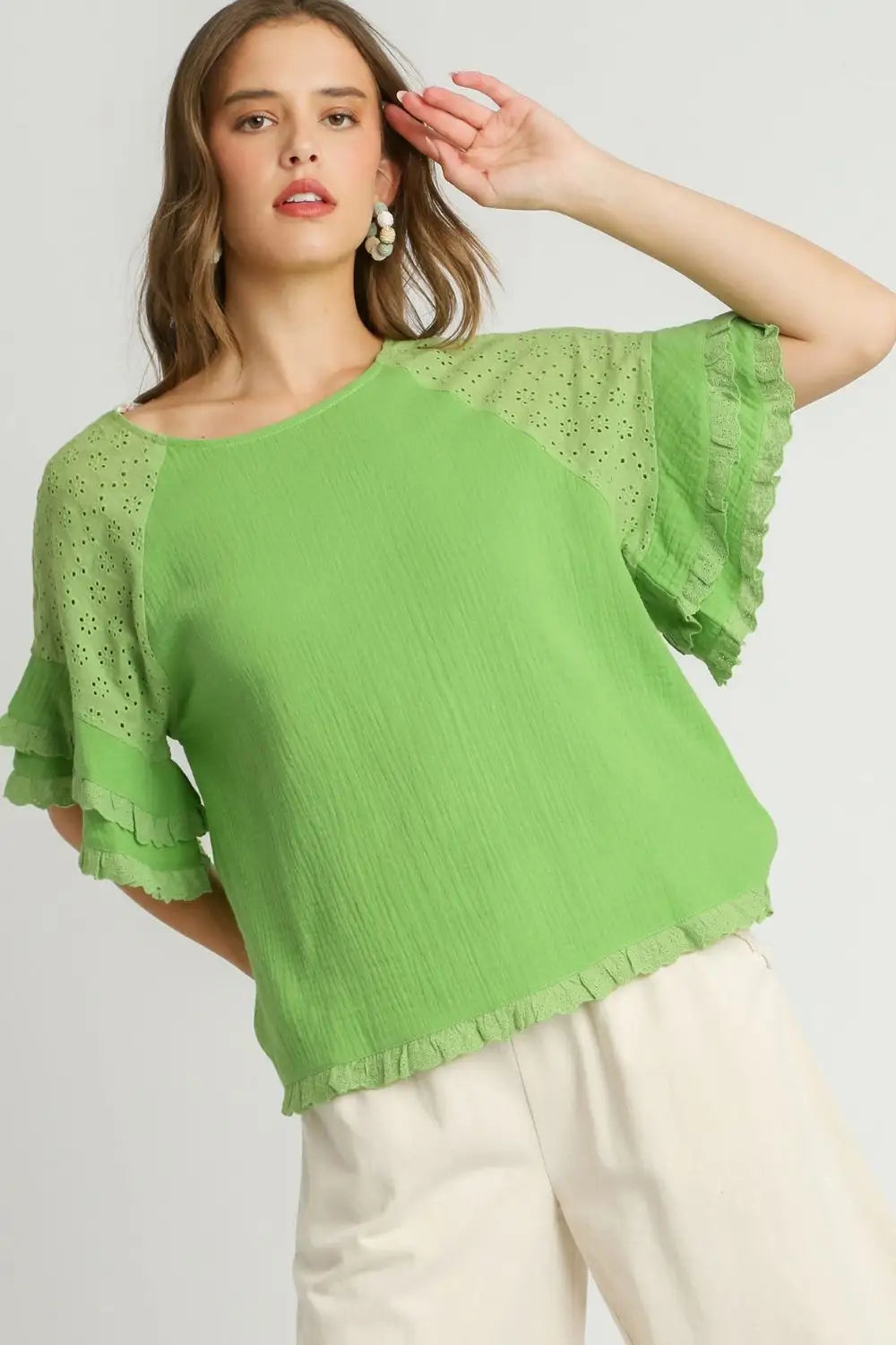 Umgee Full Size Cotton Gauze Round Neck Ruffle Eyelet Layered Sleeve Blouse Plus Size - Eclectage