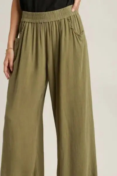 Linen Blend Elastic Wide Leg Pants - Eclectage