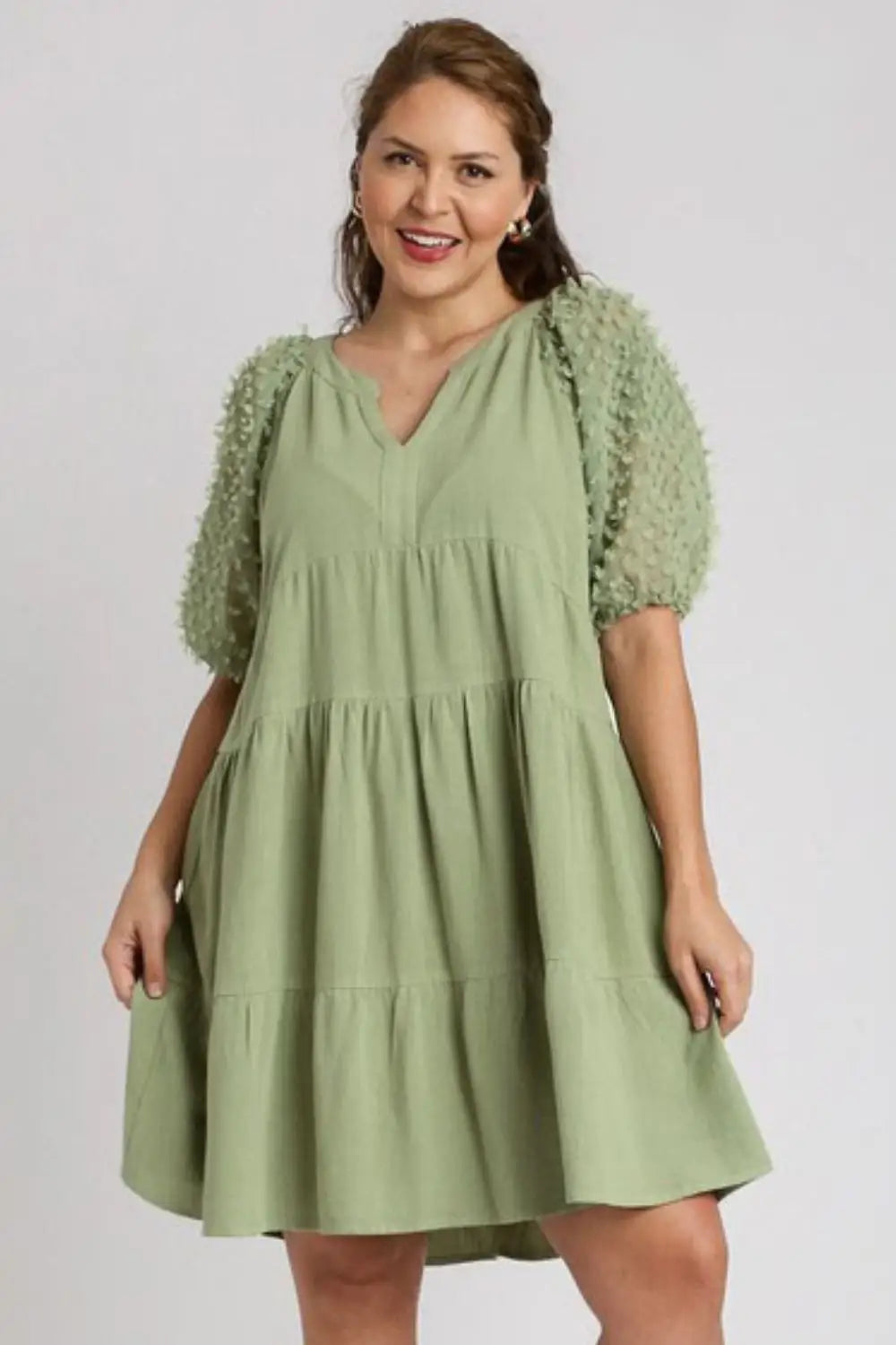 Linen Tiered A-Line Split Neck Dress - Eclectage