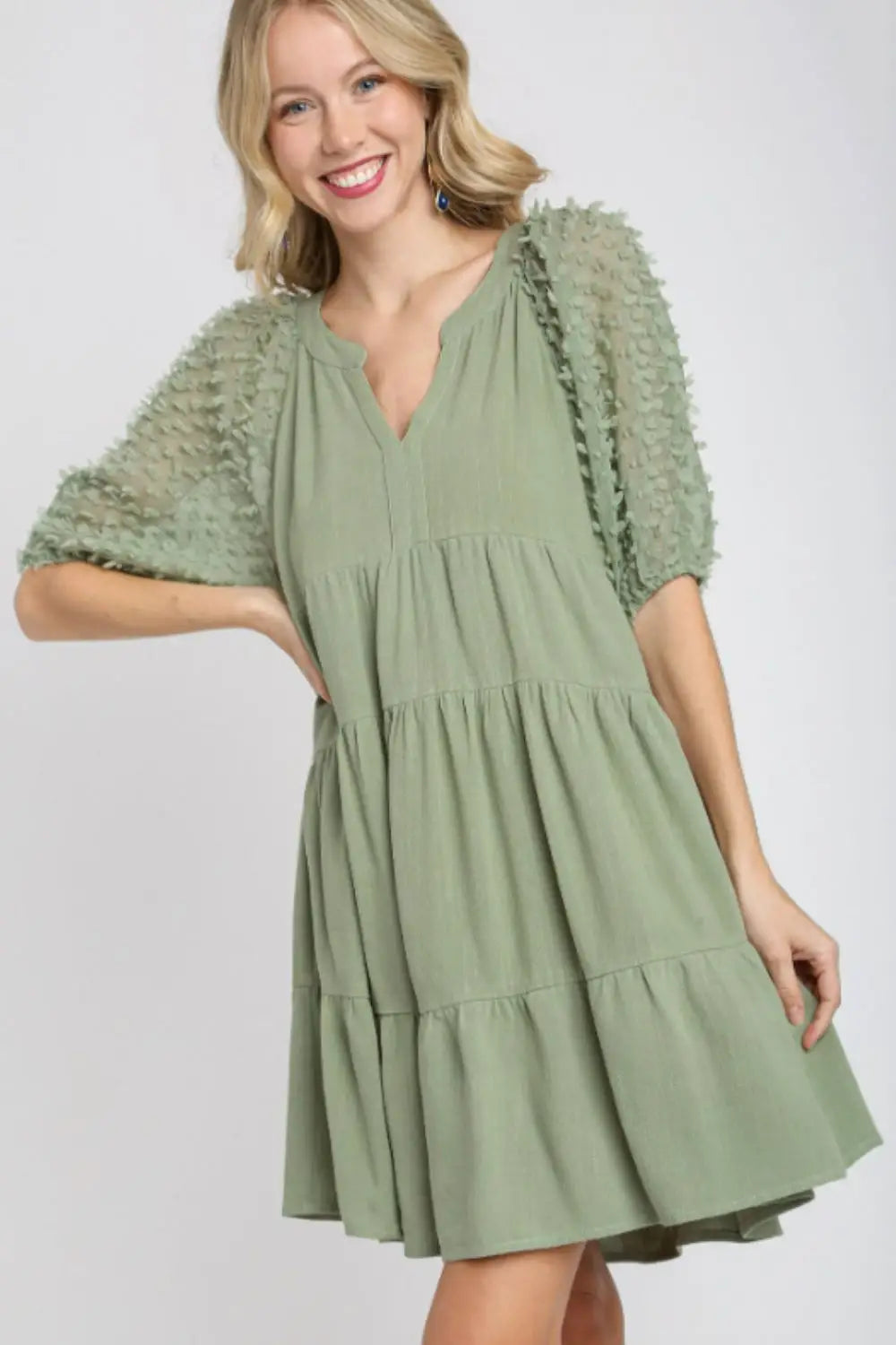 Linen Tiered A-Line Split Neck Dress - Eclectage