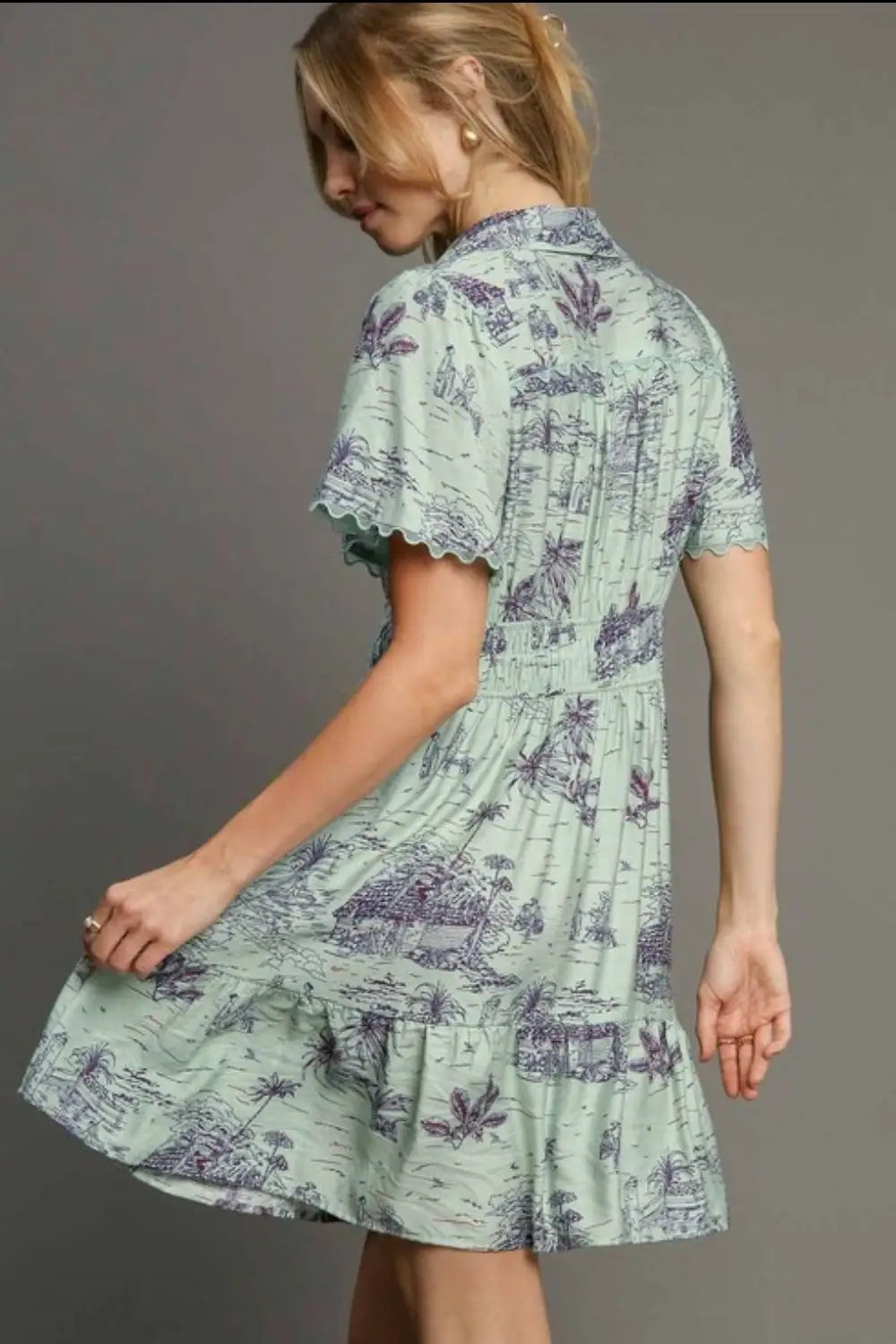 Lt Green Landscape Print Mini Dress - Mini Dresses