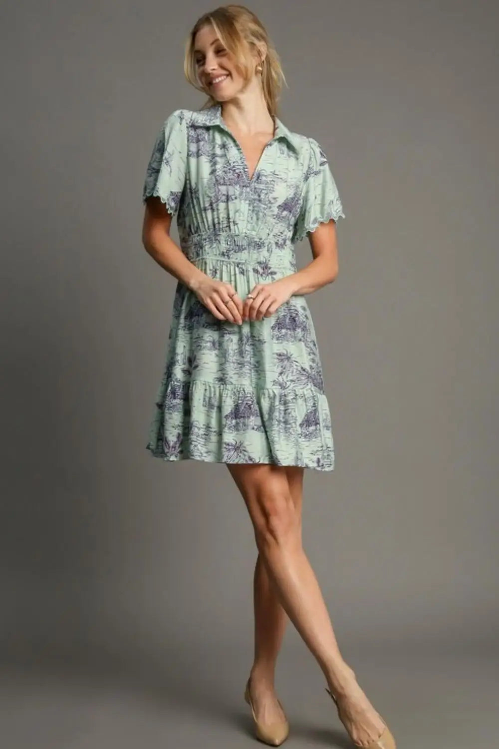 Lt Green Landscape Print Mini Dress - Mini Dresses
