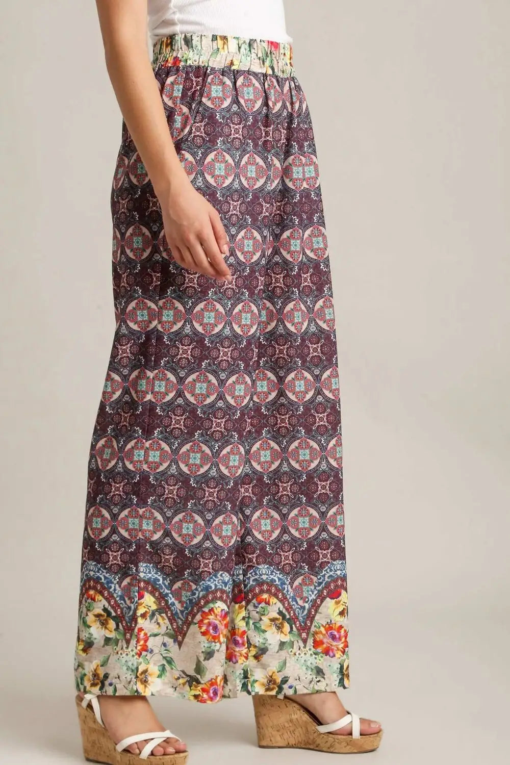 Maroon Mixed Print Elastic Waistband Pants - Eclectage
