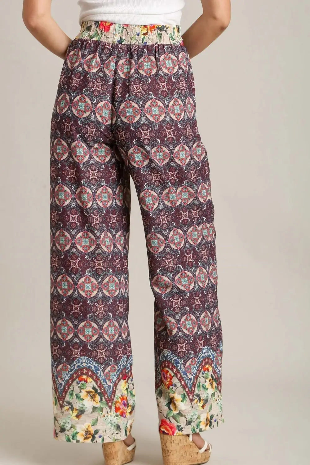 Maroon Mixed Print Elastic Waistband Pants - Eclectage