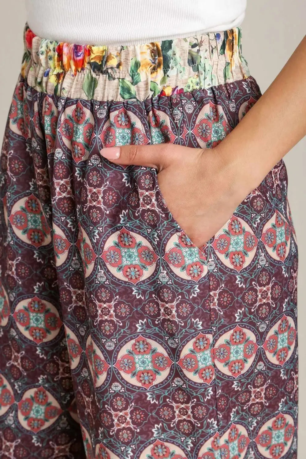 Maroon Mixed Print Elastic Waistband Pants - Eclectage