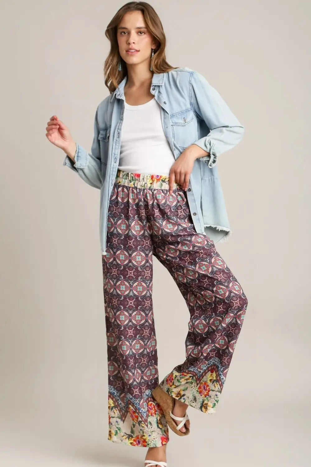 Maroon Mixed Print Elastic Waistband Pants - Eclectage
