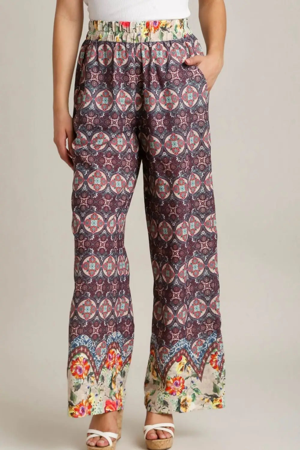 Maroon Mixed Print Elastic Waistband Pants - Eclectage
