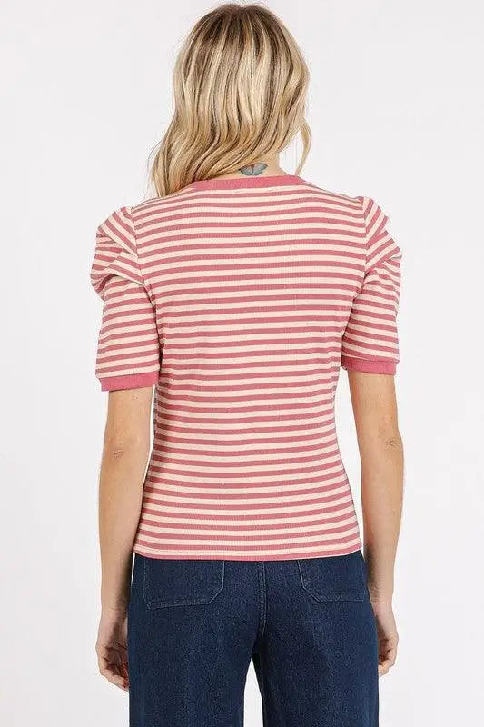 Mauve Striped Puff Sleeve T-Shirt - T-Shirts