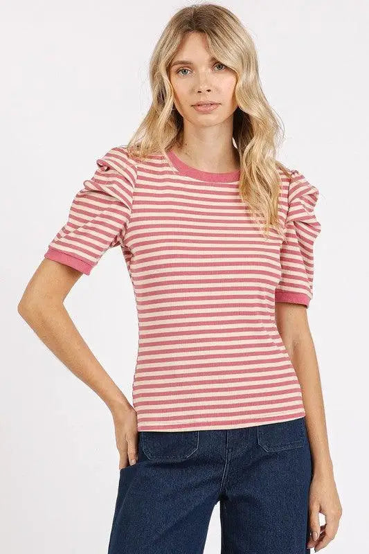 Mauve Striped Puff Sleeve T-Shirt - T-Shirts