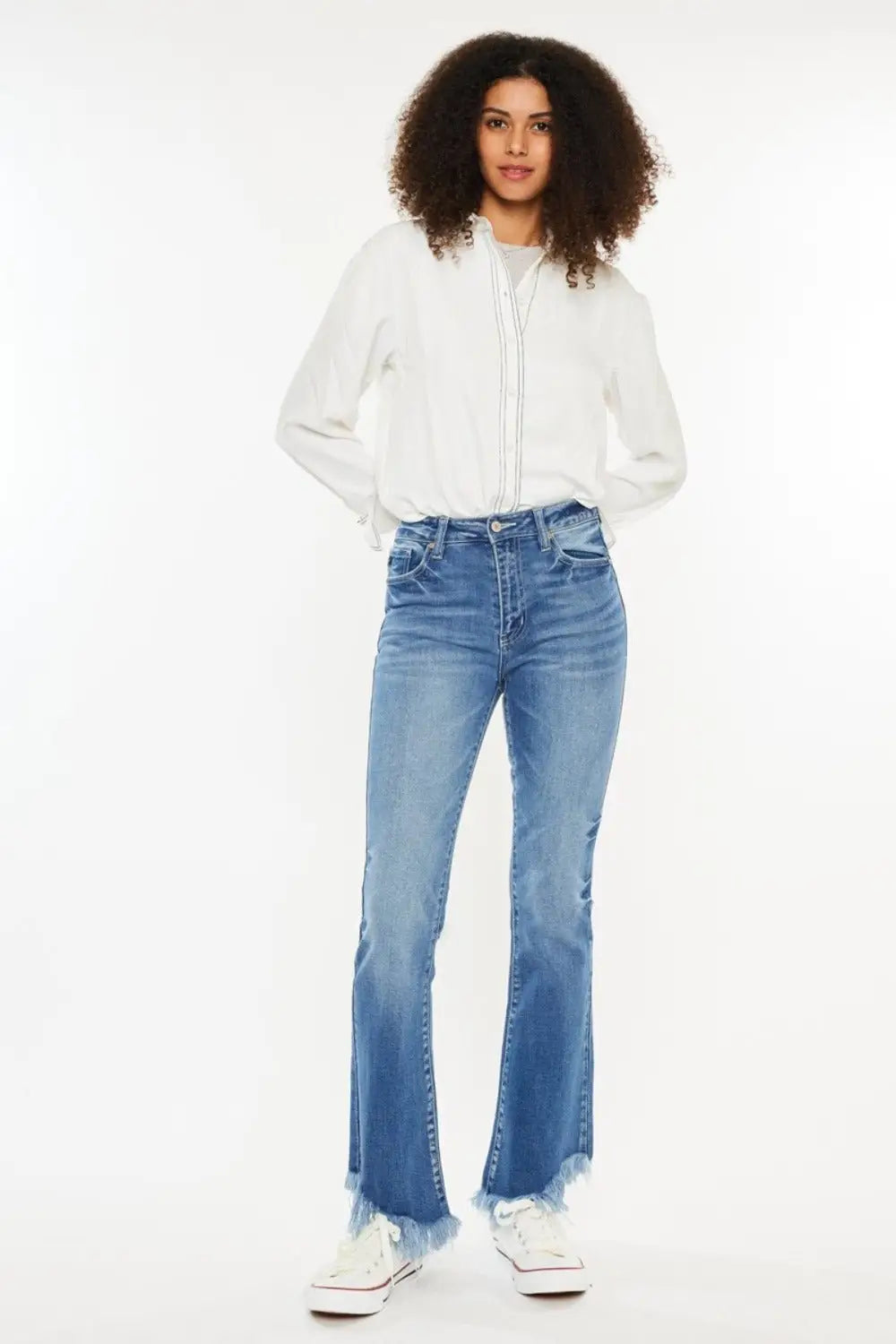 Med Blue High Rise Frayed Hem Jeans - Jeans