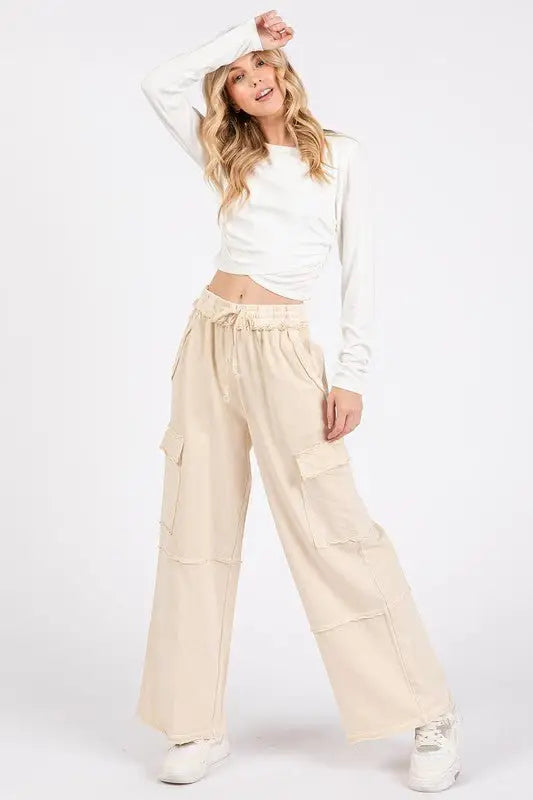 Mineral Wash Elastic Waist Cargo Wide Leg Pants - Cargo Pants