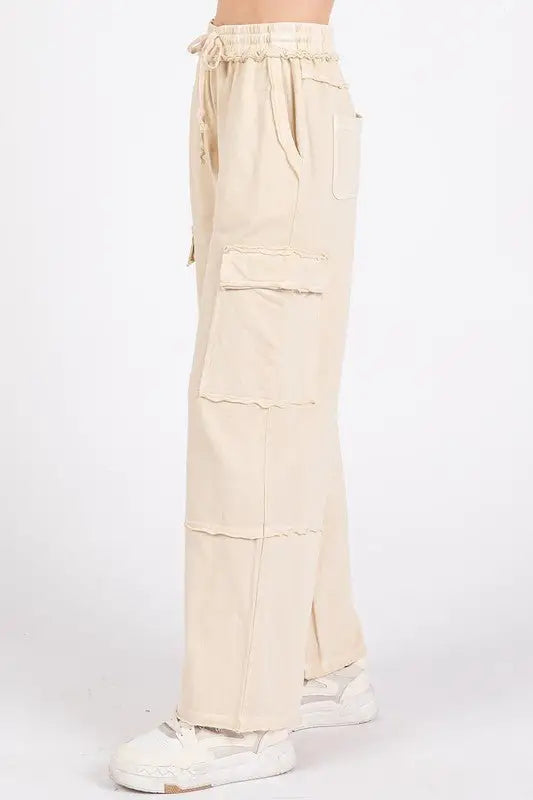 Mineral Wash Elastic Waist Cargo Wide Leg Pants - Cargo Pants