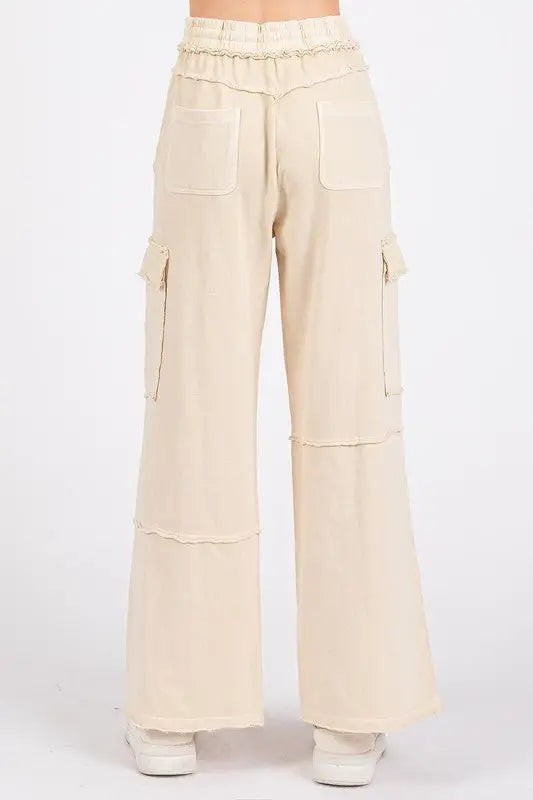 Mineral Wash Elastic Waist Cargo Wide Leg Pants - Cargo Pants