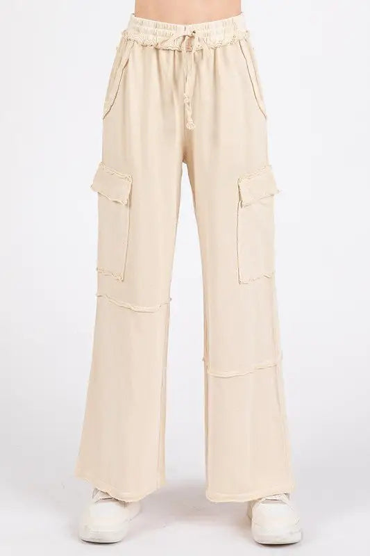 Mineral Wash Elastic Waist Cargo Wide Leg Pants - Cargo Pants