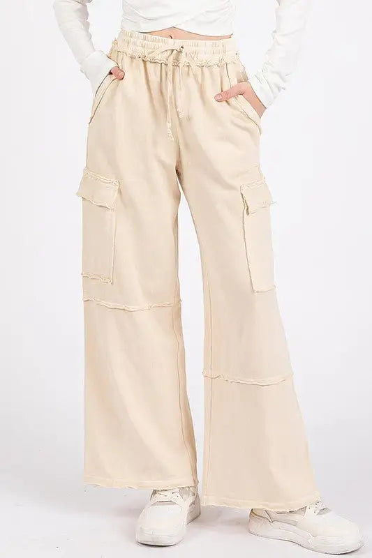 Mineral Wash Elastic Waist Cargo Wide Leg Pants - Cargo Pants