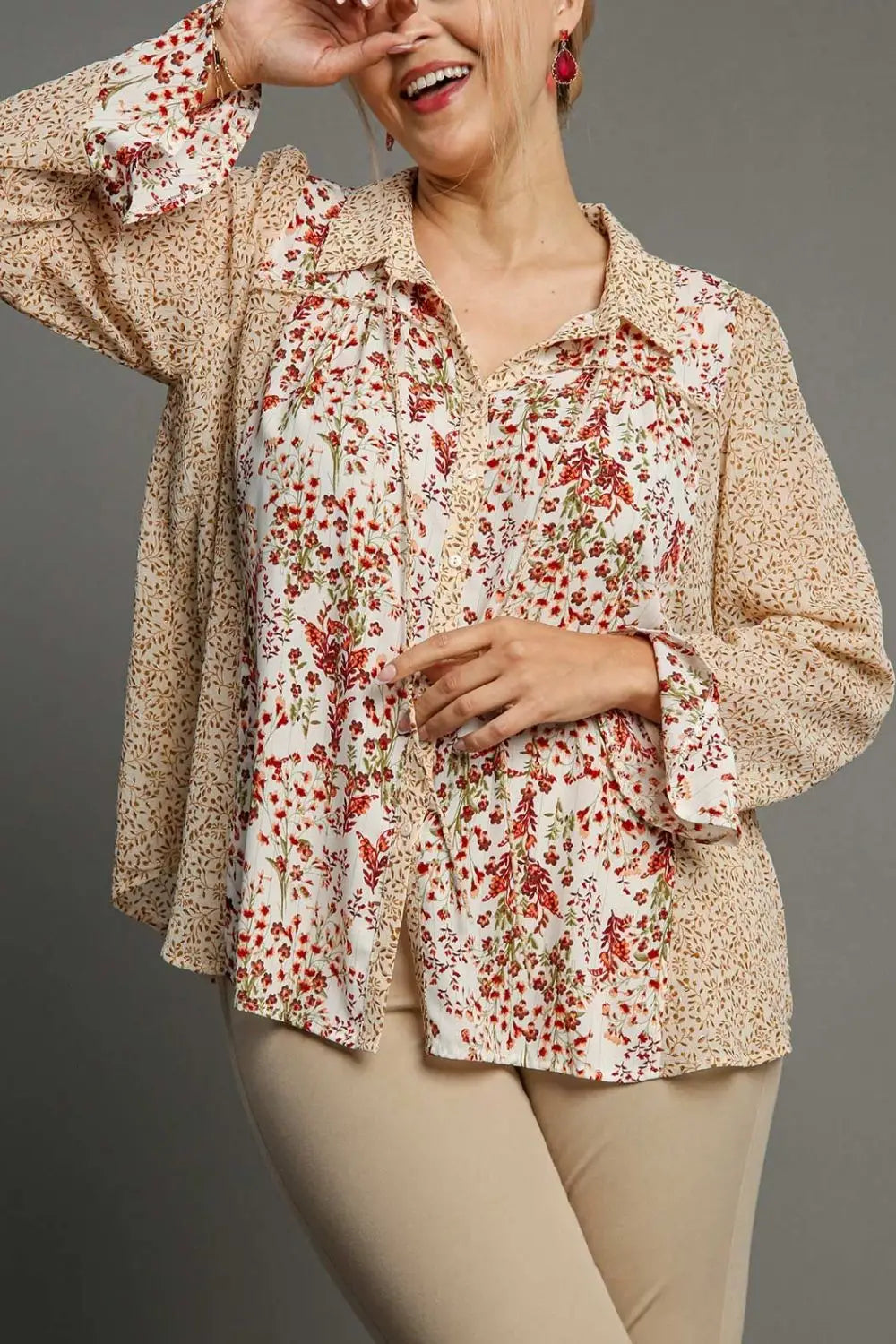 Mixed Print Metallic Detail Long Ruffle Sleeve Button Down Shirt Plus Size - Eclectage