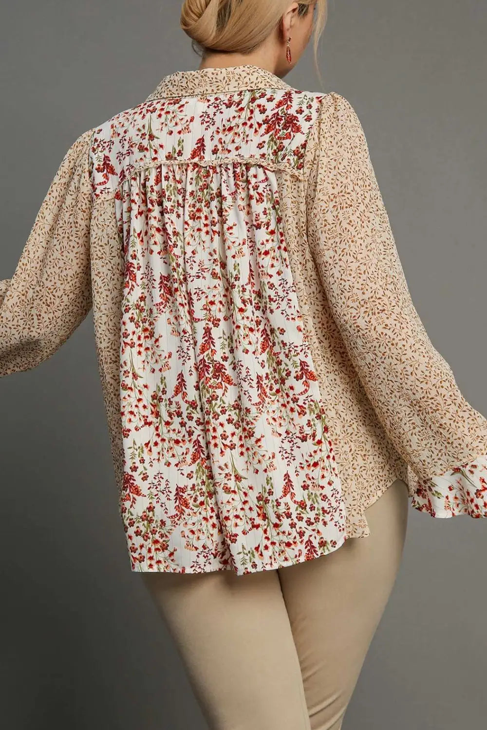 Mixed Print Metallic Detail Long Ruffle Sleeve Button Down Shirt Plus Size - Eclectage