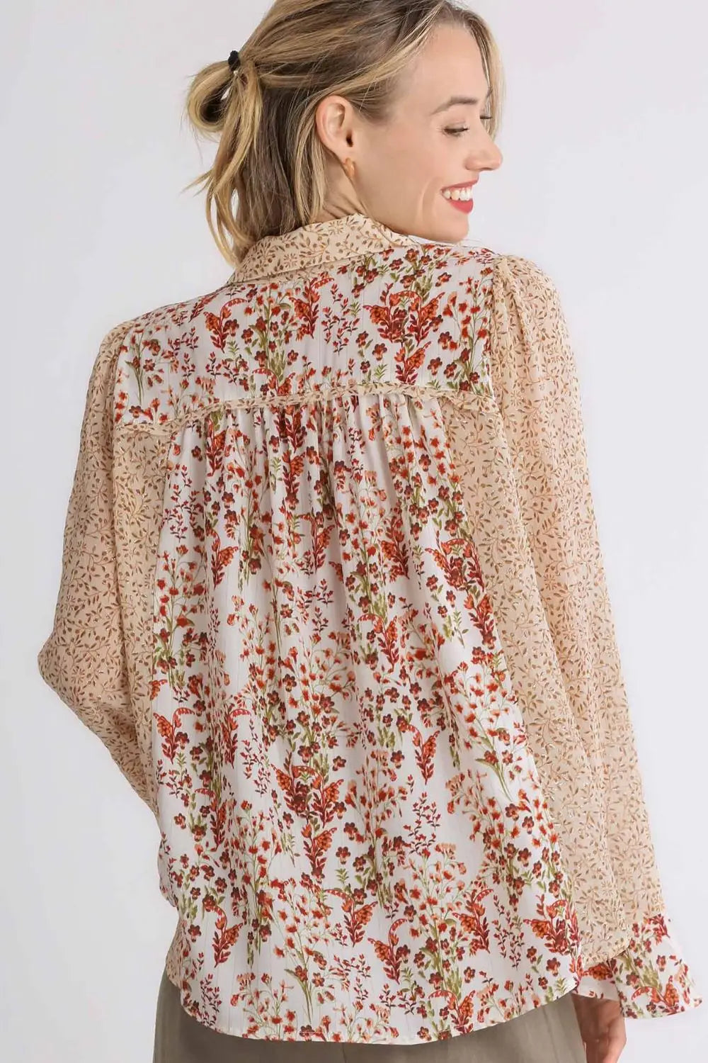 Mixed Print Metallic Detail Long Ruffle Sleeve Button Down Shirt Plus Size - Eclectage