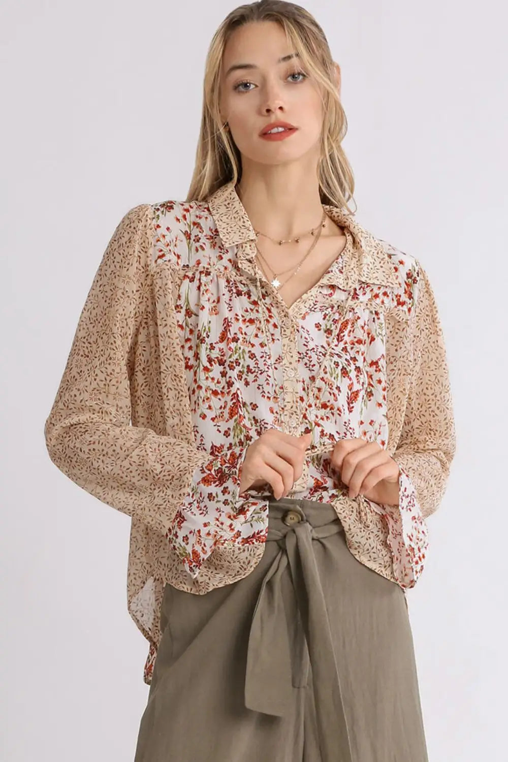 Mixed Print Metallic Detail Long Ruffle Sleeve Button Down Shirt Plus Size - Eclectage