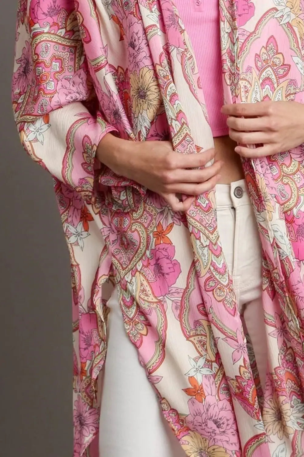 Mixed Print Open Front Kimono with Ruffle Sleeves Plus Size - Eclectage