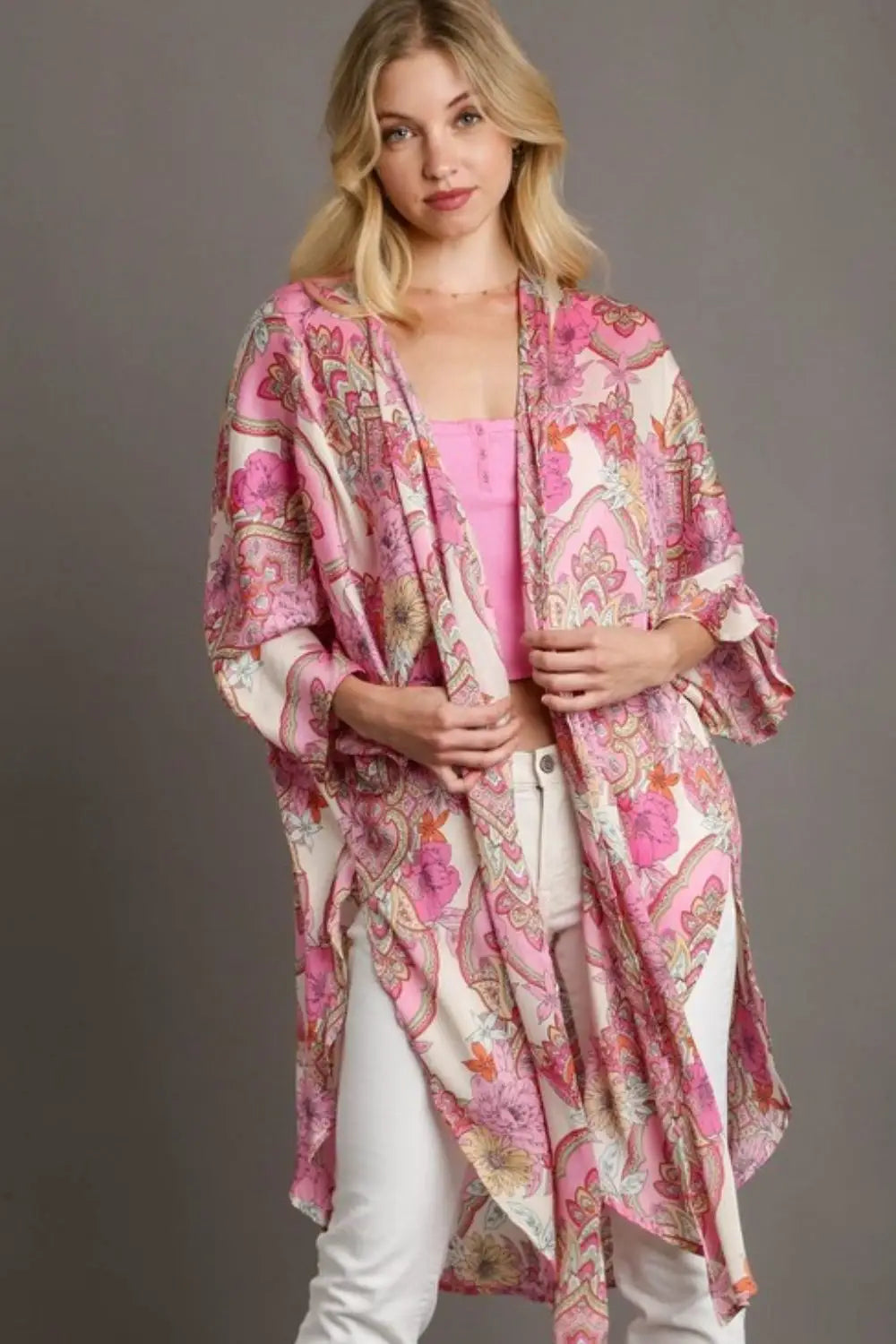 Mixed Print Open Front Kimono with Ruffle Sleeves Plus Size - Eclectage