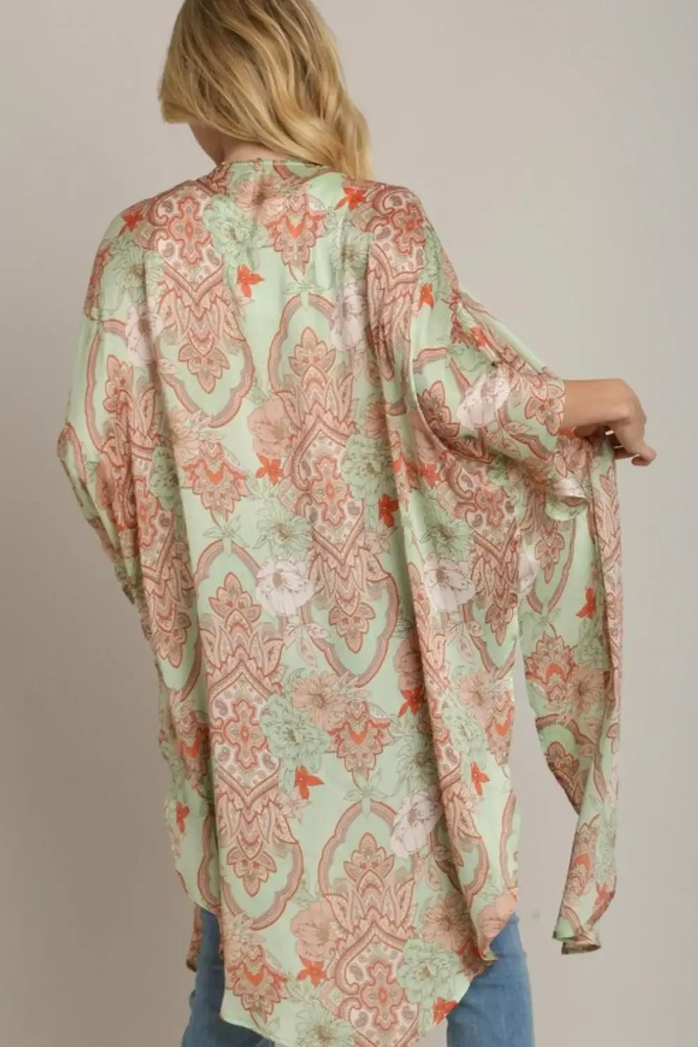 Mixed Print Open Front Kimono with Ruffle Sleeves Plus Size - Eclectage