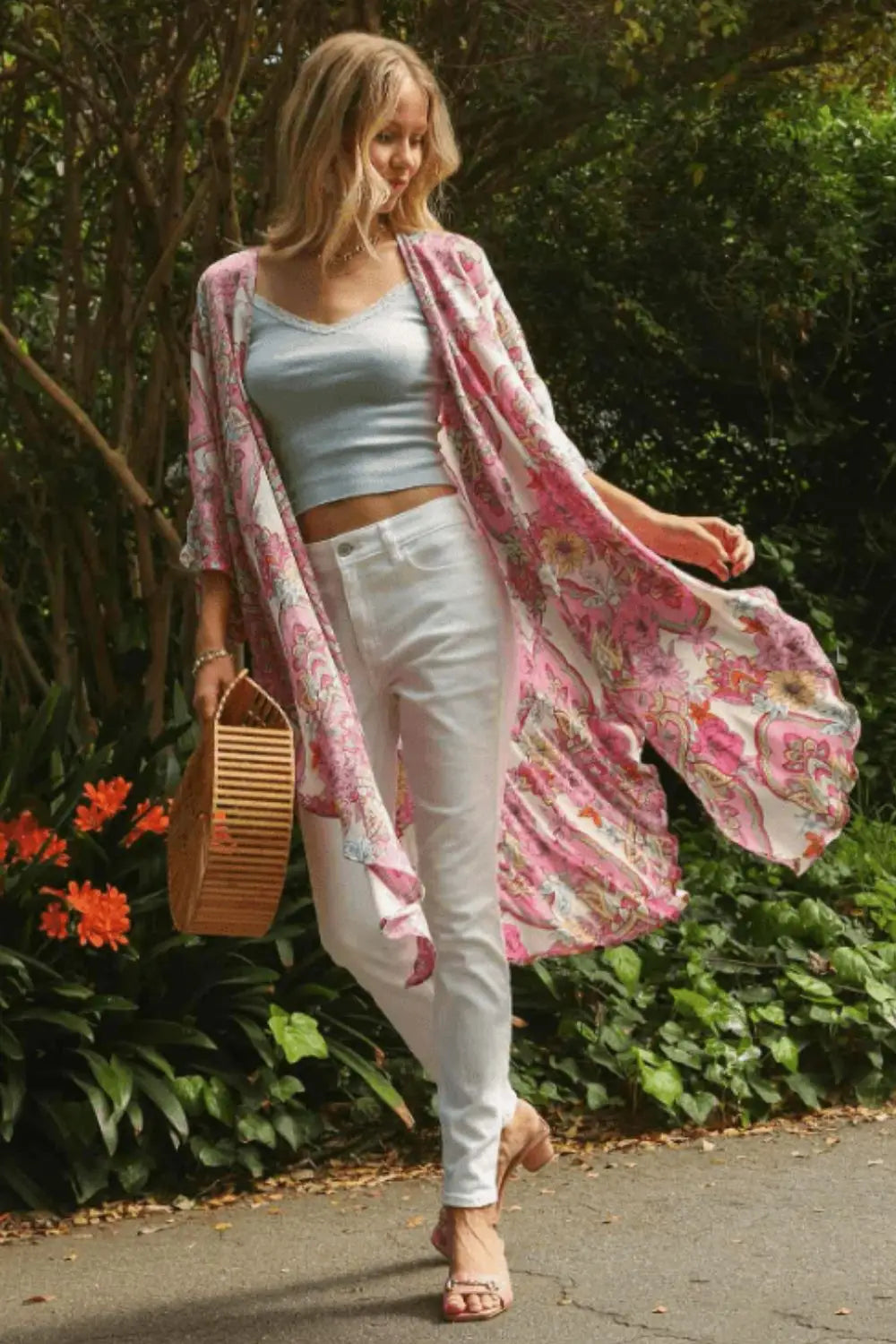 Mixed Print Open Front Kimono with Ruffle Sleeves Plus Size - Eclectage