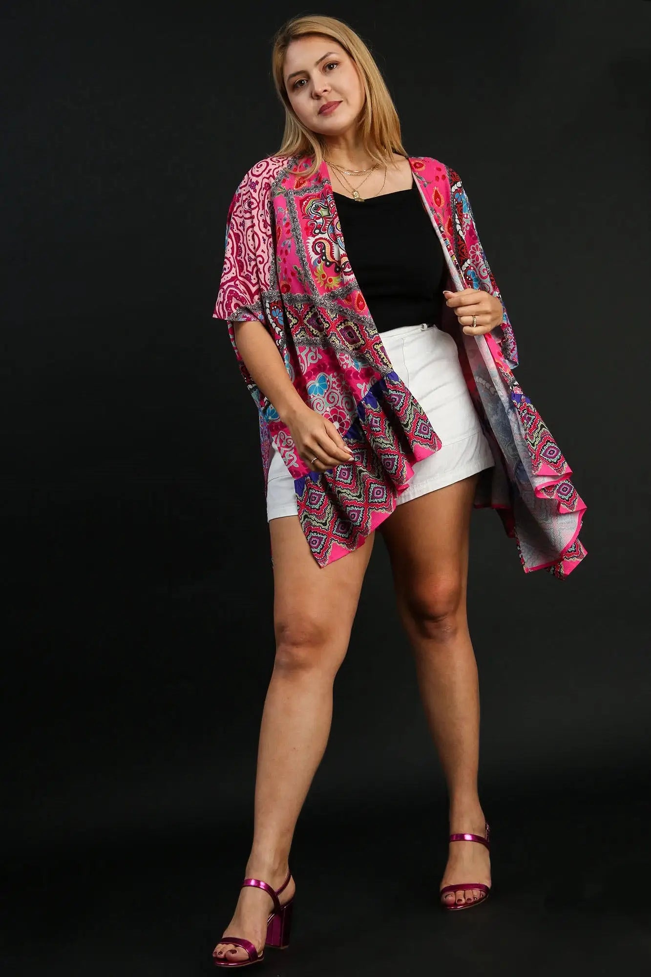 Umgee Full Size Mixed Print Ruffle Hem Open Front Cover Up Plus Size - Eclectage