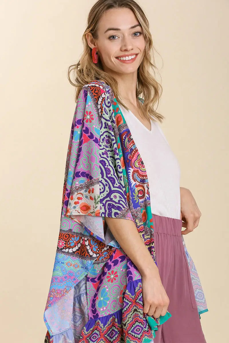 Umgee Full Size Mixed Print Ruffle Hem Open Front Cover Up Plus Size - Eclectage