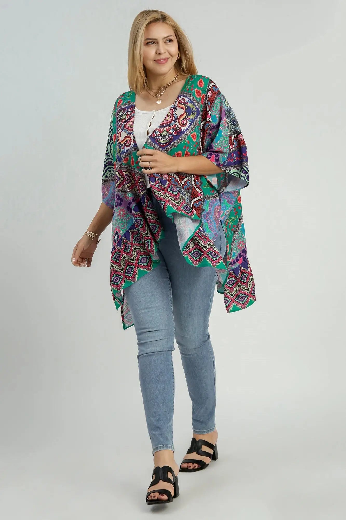 Umgee Full Size Mixed Print Ruffle Hem Open Front Cover Up Plus Size - Eclectage