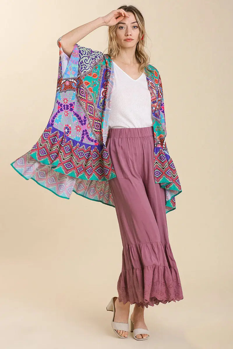 Umgee Full Size Mixed Print Ruffle Hem Open Front Cover Up Plus Size - Eclectage