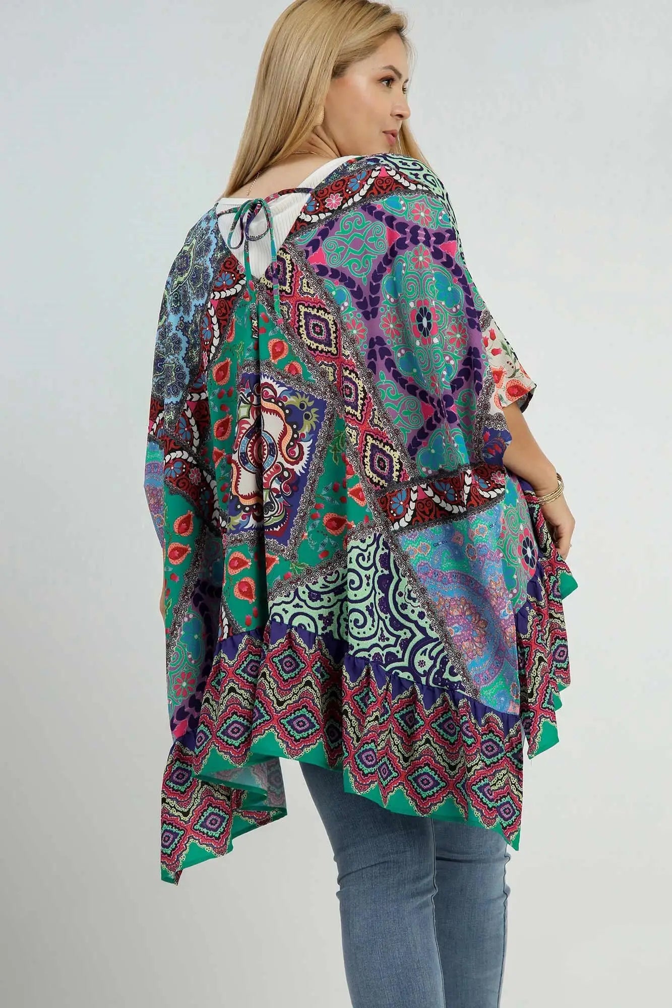 Umgee Full Size Mixed Print Ruffle Hem Open Front Cover Up Plus Size - Eclectage