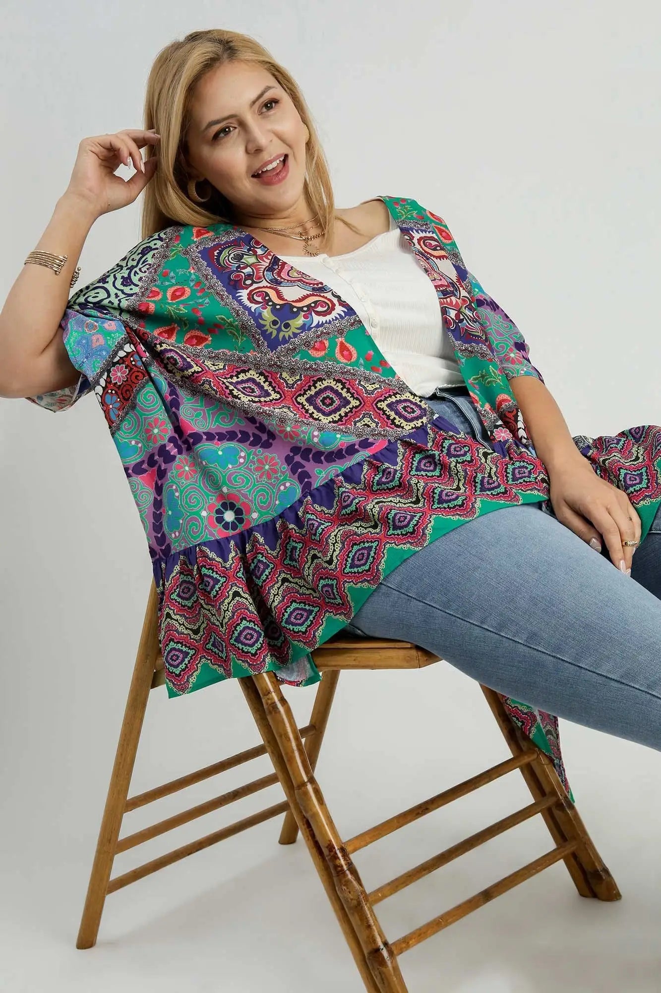 Umgee Full Size Mixed Print Ruffle Hem Open Front Cover Up Plus Size - Eclectage
