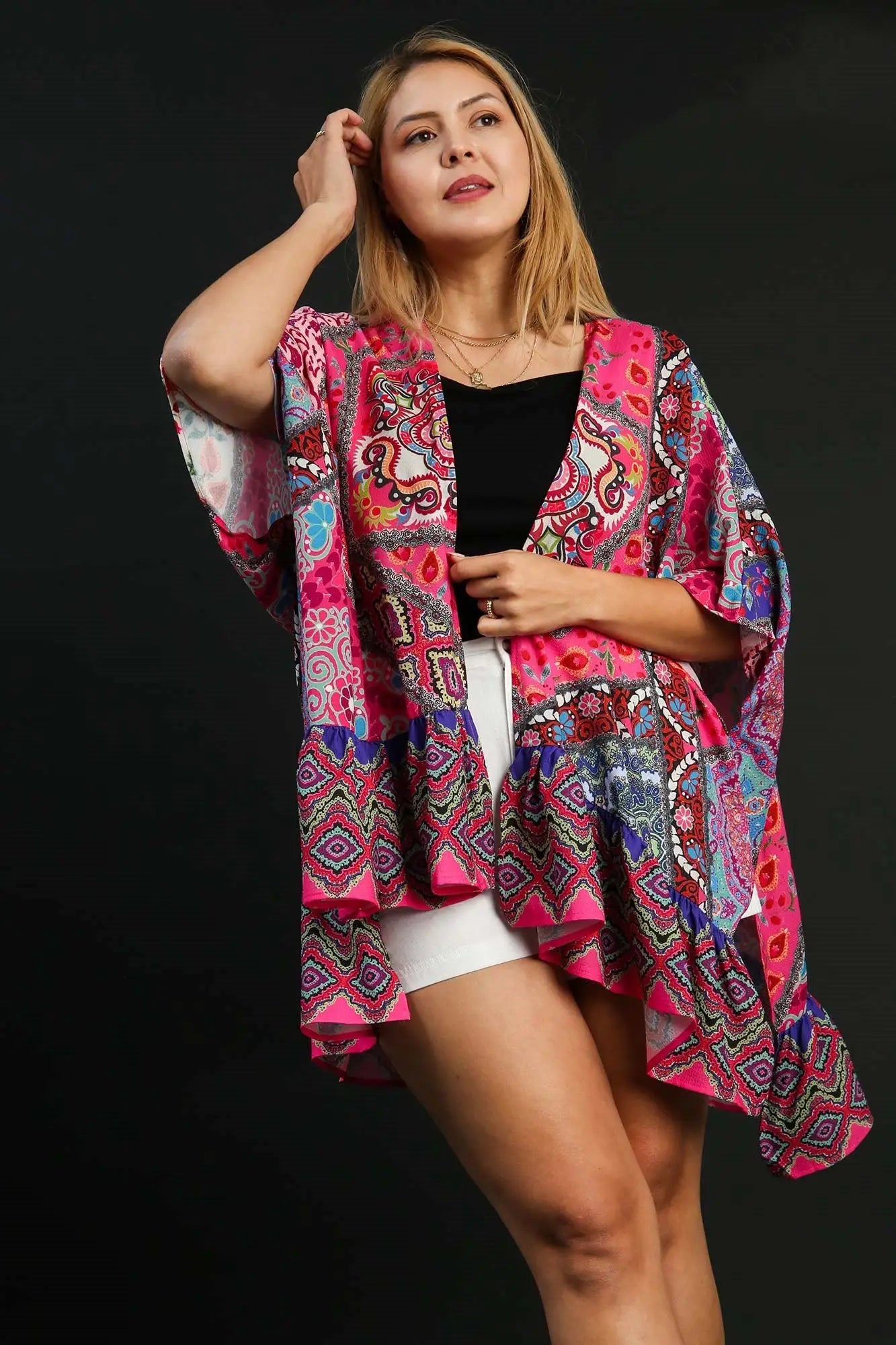 Umgee Full Size Mixed Print Ruffle Hem Open Front Cover Up Plus Size - Eclectage