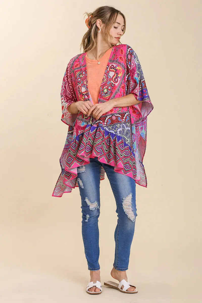 Umgee Full Size Mixed Print Ruffle Hem Open Front Cover Up Plus Size - Eclectage
