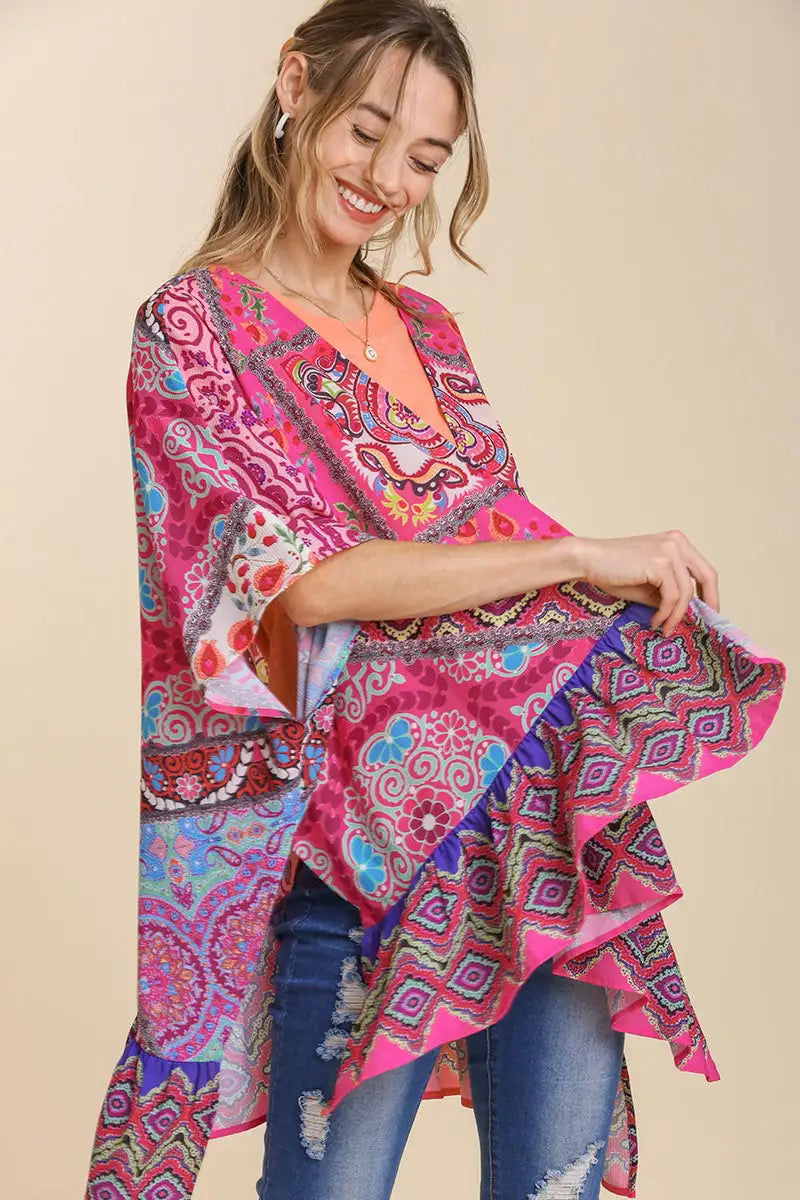 Umgee Full Size Mixed Print Ruffle Hem Open Front Cover Up Plus Size - Eclectage