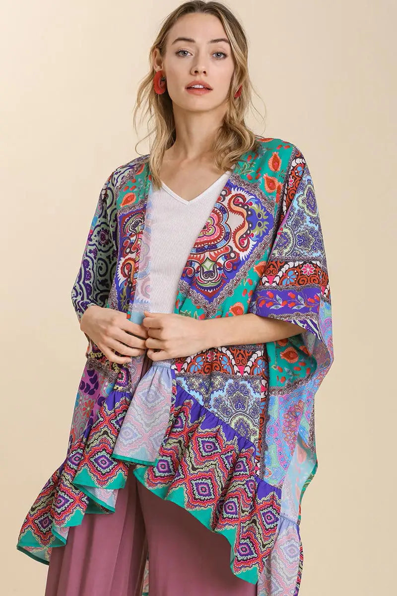 Umgee Full Size Mixed Print Ruffle Hem Open Front Cover Up Plus Size - Eclectage
