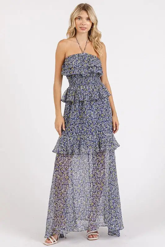 Navy Floral Halter Neck Maxi Dress - Maxi Dresses