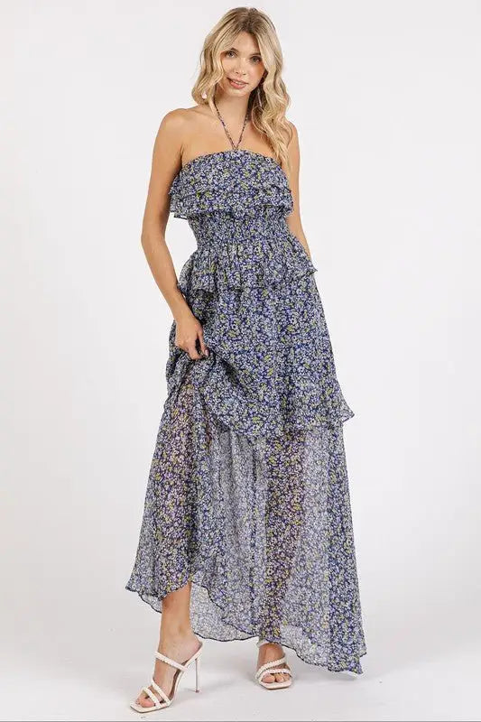 Navy Floral Halter Neck Maxi Dress - Maxi Dresses