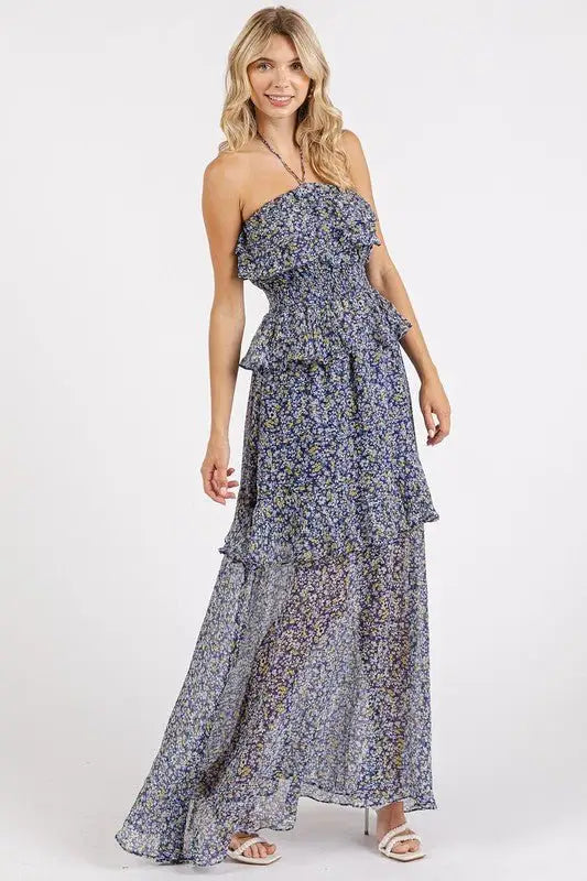 Navy Floral Halter Neck Maxi Dress - Maxi Dresses