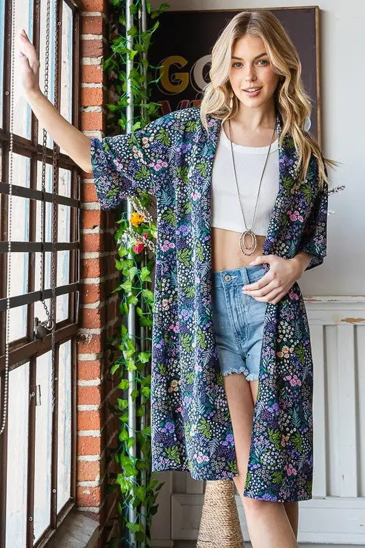 Navy Half Sleeve Floral Kimono - Kimonos