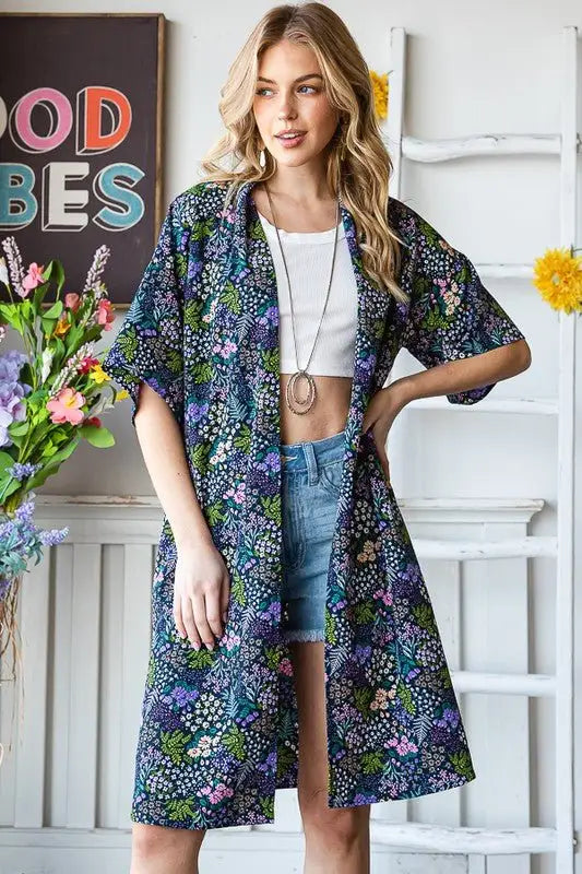 Navy Half Sleeve Floral Kimono - Kimonos