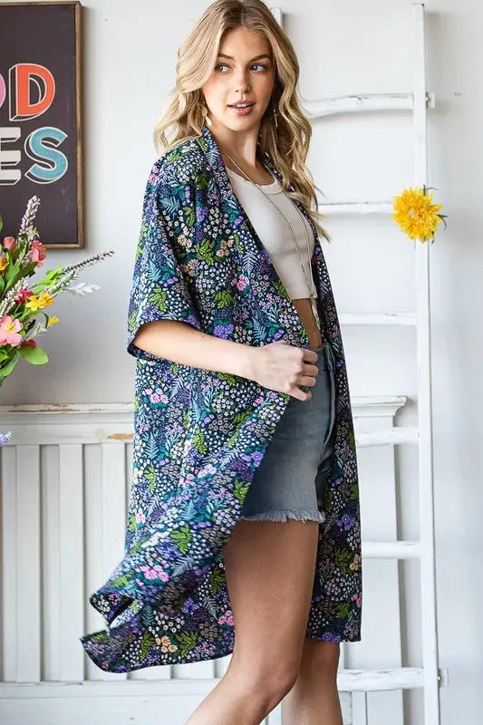 Navy Half Sleeve Floral Kimono - Kimonos