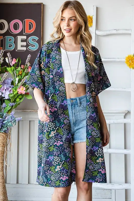 Navy Half Sleeve Floral Kimono - Kimonos